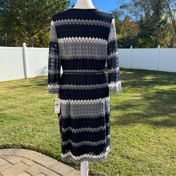 Navy Blue/Gray/White Striped Midi Dress with Unlined Bell Sleeves NWT Sz 10 - Picture 6 of 17